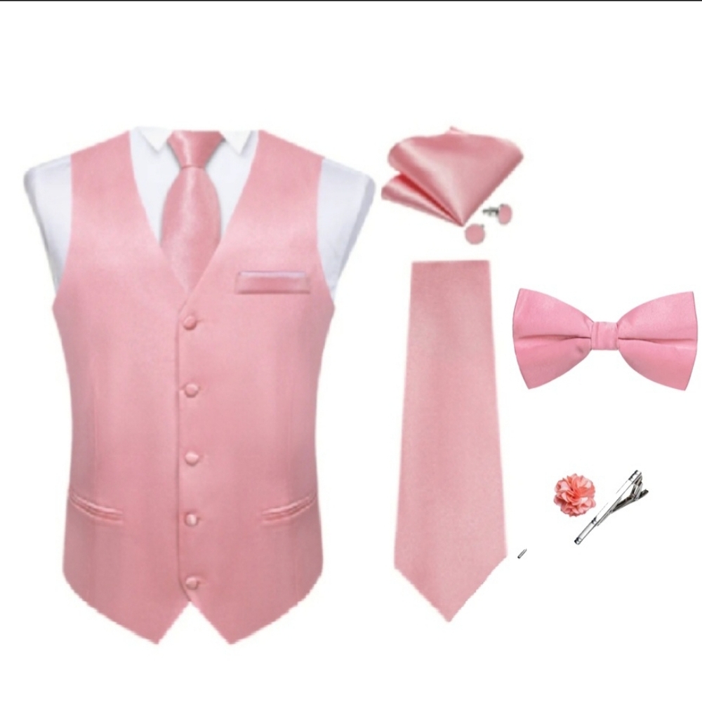 (3) M Pink Satin Waistcoat Vest, Tie, Bowtie, Handkerchief & Cufflinks Set